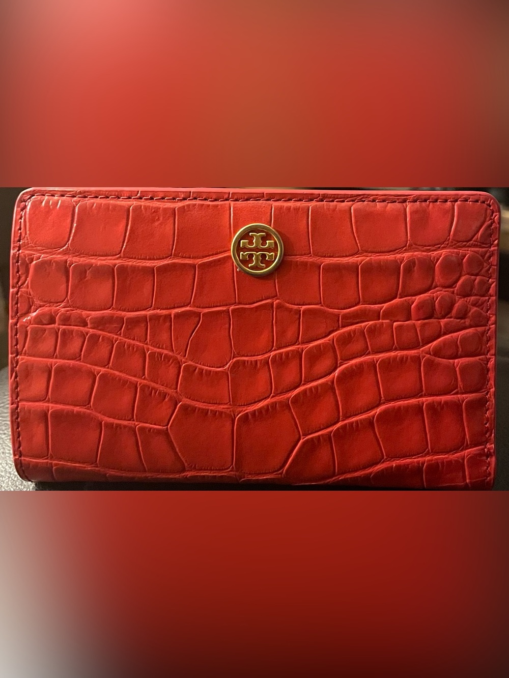 Tory Burch Red Croc-Embossed Leather Wallet with Gold Logo